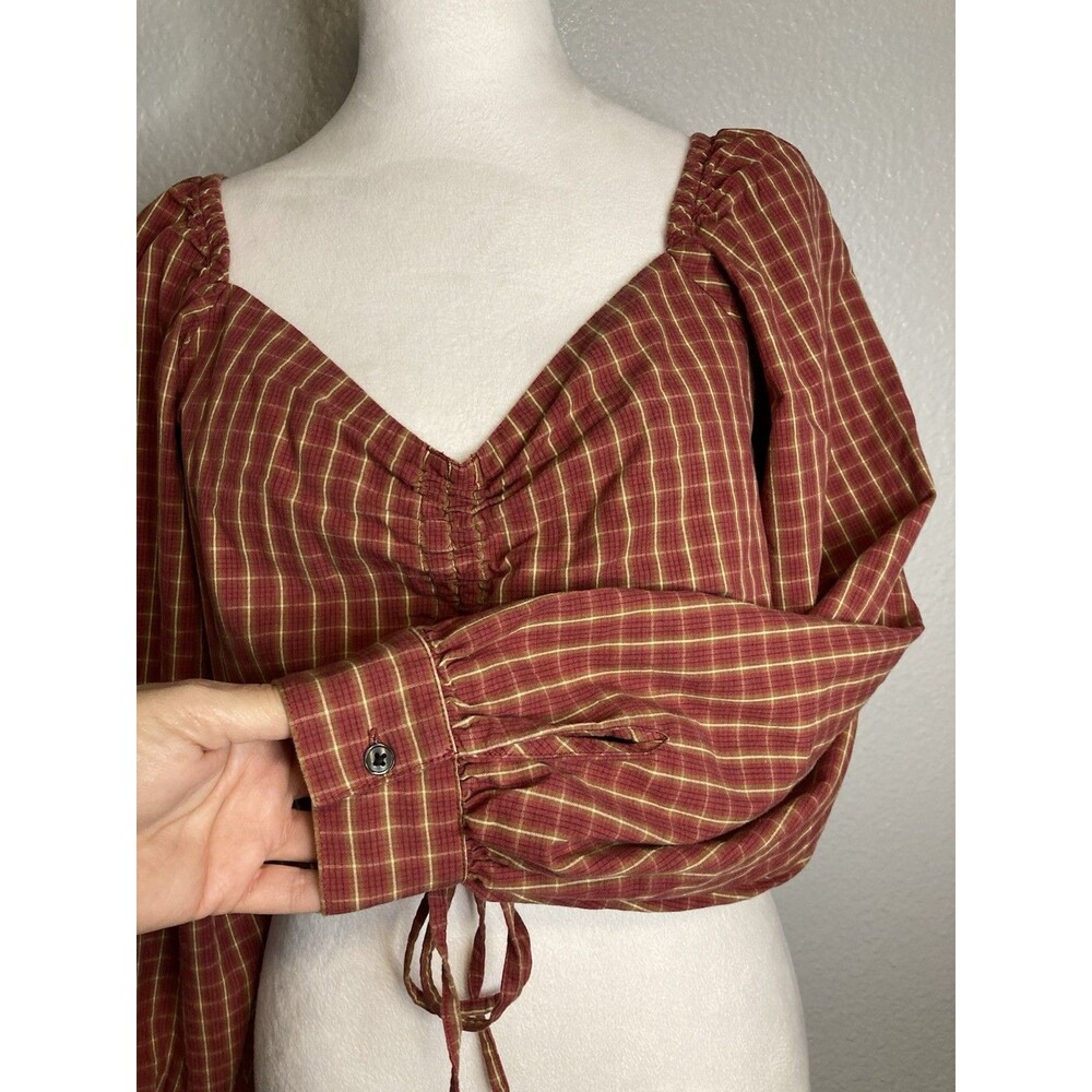 Levis Crop Top Blouse XL Red Cotton Plaid Puff Sleeve Smocked Milkmaid Boho Y2K - Picture 5 of 11